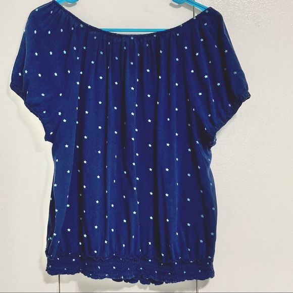 RED CAMEL Boho Bohemian Blue with Stars Ribbon Neckline Top Blouse Womens Large - Picture 4 of 14